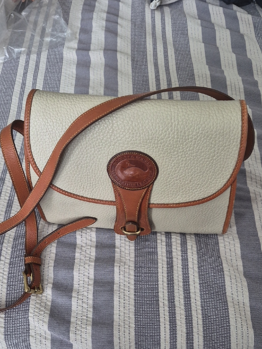 Vintage Dooney & Bourke Cream with Brown Trim Pebbled Leather Crossbody